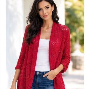 Wooden Ships by Paola Buendia Red Crochet Sweater Cardigan Open-Front Size S/M